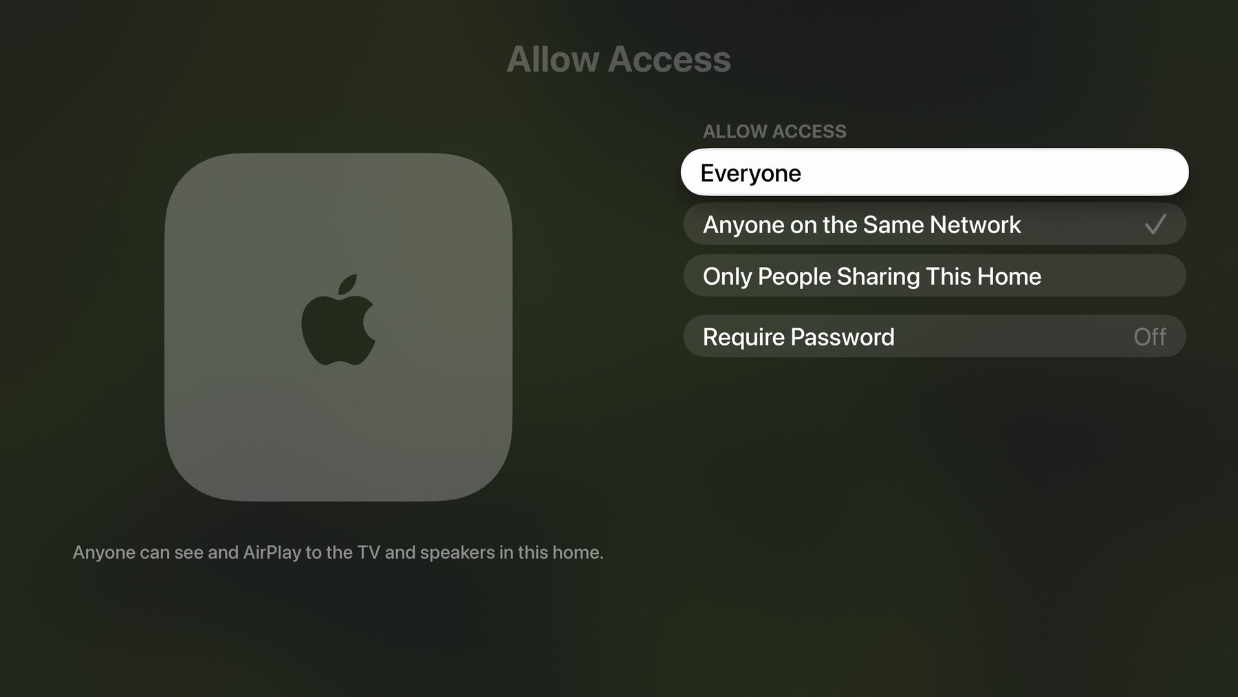 Apple TV Allow Access settings
